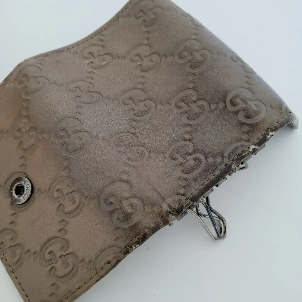 Gucci GG Key Holder Wallet Case Geniue Leather Small Gray Trifold Guccissima‎